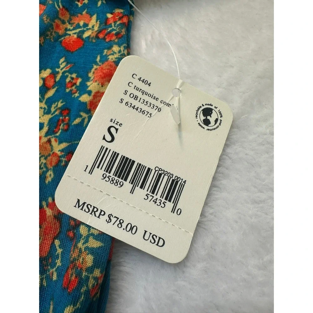 Free People Kaya Printed Bodysuit S Turquoise Floral NWT Keyhole Boho Long Slv